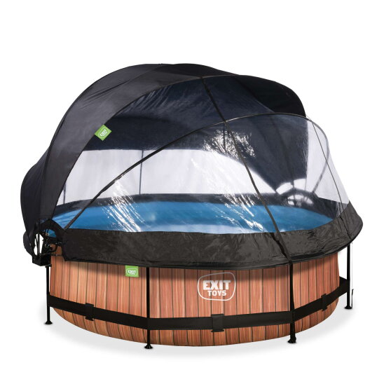 Piscine EXIT Wood ø300x76cm avec pompe filtrante et dôme et voile d'ombrage - marron