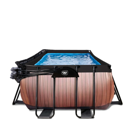Piscine EXIT Wood 400x200x122cm avec pompe filtrante &agrave; sable et d&ocirc;me et pompe &agrave; chaleur - marron