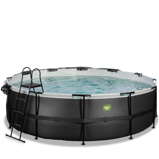 Piscine EXIT Black Leather &oslash;488x122cm avec pompe filtrante &agrave; sable et d&ocirc;me et pompe &agrave; chaleur - noir