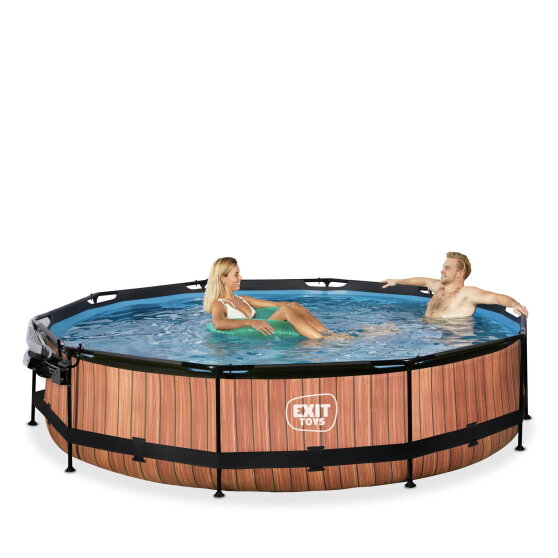 Piscine EXIT Wood ø360x76cm avec pompe filtrante et dôme - marron
