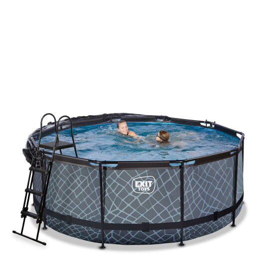 Piscine EXIT Stone &oslash;360x122cm avec pompe filtrante &agrave; sable et d&ocirc;me et pompe &agrave; chaleur - grise