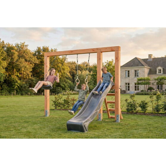 EXIT Linea Massiv 140 Balan&ccedil;oire en bois avec toboggan et anneaux de gymnastique