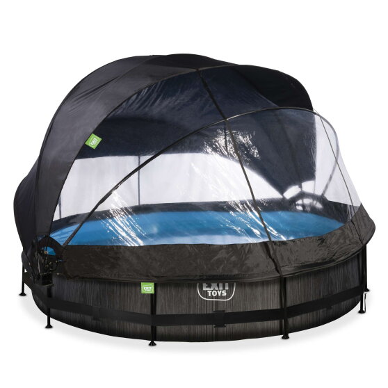 Piscine EXIT Black Wood ø360x76cm avec pompe filtrante et dôme et voile d'ombrage - noir