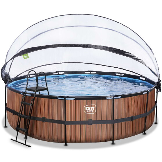 Piscine EXIT Wood ø488x122cm avec pompe filtrante à sable et dôme - marron