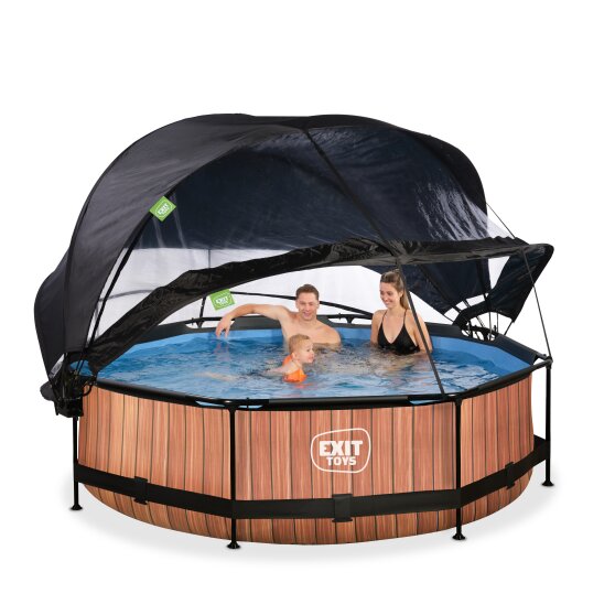 Piscine EXIT Wood ø300x76cm avec pompe filtrante et dôme et voile d'ombrage - marron