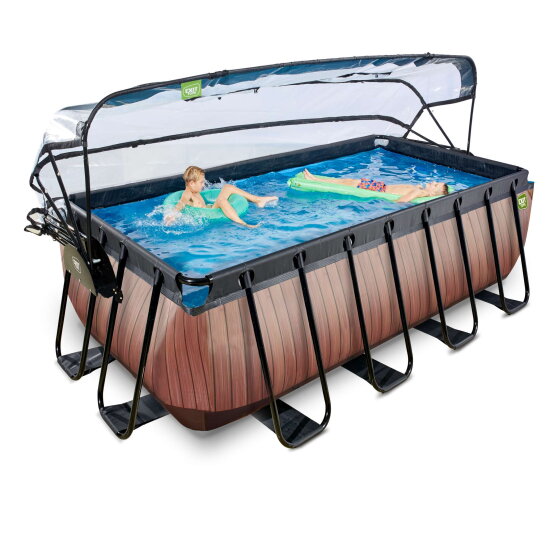 Piscine EXIT Wood 400x200x122cm avec pompe filtrante &agrave; sable et d&ocirc;me et pompe &agrave; chaleur - marron