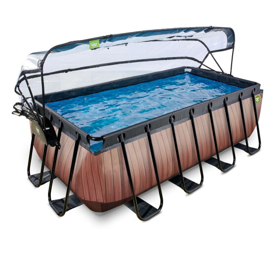 Piscine EXIT Wood 400x200x122cm avec pompe filtrante &agrave; sable et d&ocirc;me - marron