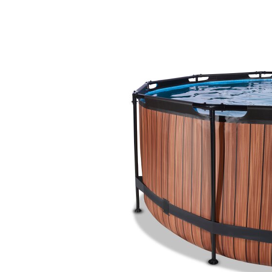 Piscine EXIT Wood ø360x122cm avec pompe filtrante à sable et dôme et pompe à chaleur - marron