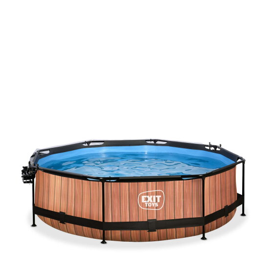 Piscine EXIT Wood ø300x76cm avec pompe filtrante et dôme et voile d'ombrage - marron