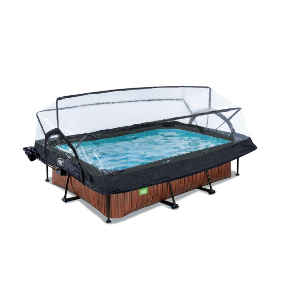 Piscine EXIT Wood 220x150x65cm avec pompe filtrante et d&ocirc;me et voile d'ombrage - marron