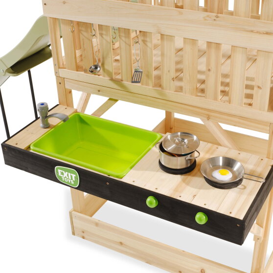 Maisonnette en bois avec toboggan, cuisine et bac &agrave; sable EXIT Panorama 550