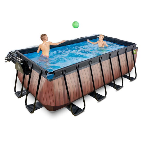 Piscine EXIT Wood 400x200x122cm avec pompe filtrante &agrave; sable et d&ocirc;me et pompe &agrave; chaleur - marron
