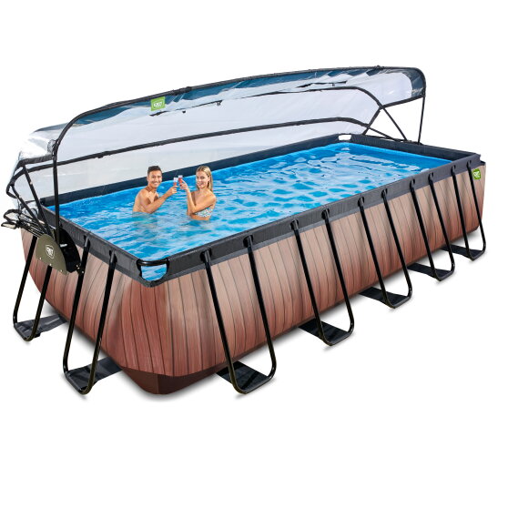 Piscine EXIT Wood 540x250x122cm avec pompe filtrante à sable et dôme et pompe à chaleur - marron