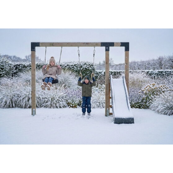 EXIT Linea Robust 110 Balan&ccedil;oire en bois avec toboggan et anneaux de gymnastique