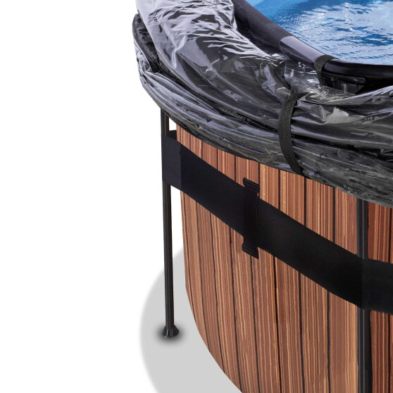 Piscine EXIT Wood &oslash;450x122cm avec pompe filtrante &agrave; sable et d&ocirc;me et pompe &agrave; chaleur - marron