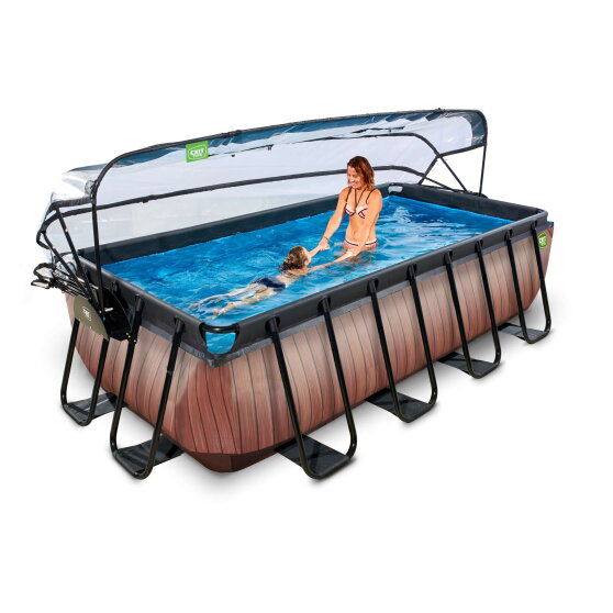 Piscine EXIT Wood 400x200x100cm avec pompe filtrante &agrave; sable et d&ocirc;me et pompe &agrave; chaleur - marron