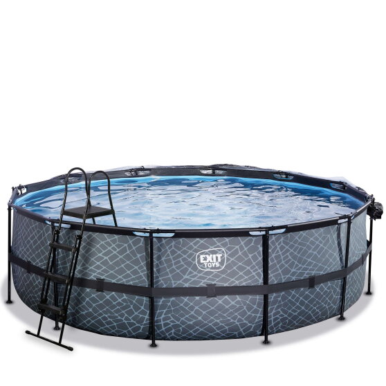 Piscine EXIT Stone ø488x122cm avec pompe filtrante à sable et dôme et pompe à chaleur - grise