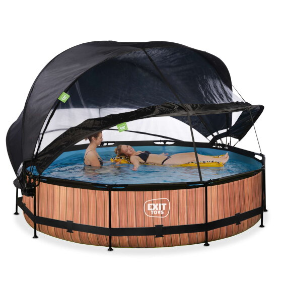 Piscine EXIT Wood &oslash;360x76cm avec pompe filtrante et d&ocirc;me et voile d'ombrage - marron