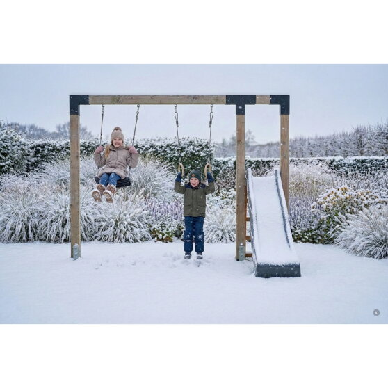 EXIT Linea Robust 110 Balan&ccedil;oire en bois avec toboggan et anneaux de gymnastique