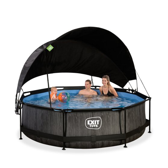 Piscine EXIT Black Wood ø300x76cm avec pompe filtrante et voile d'ombrage - noir