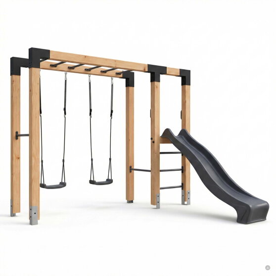 EXIT Linea Robust 110 Barre de singe en bois avec balan&ccedil;oire double et toboggan