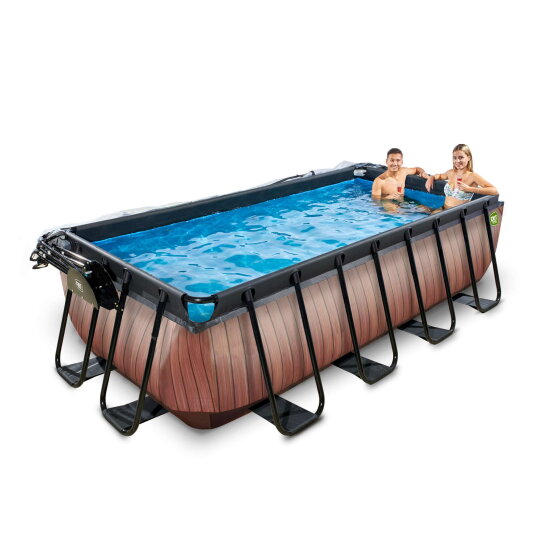 Piscine EXIT Wood 400x200x100cm avec pompe filtrante &agrave; sable et d&ocirc;me et pompe &agrave; chaleur - marron