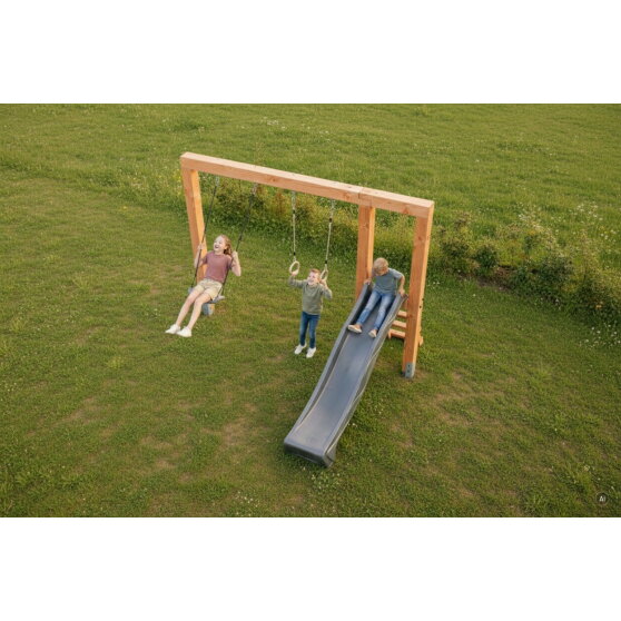 EXIT Linea Massiv 140 Balan&ccedil;oire en bois avec toboggan et anneaux de gymnastique