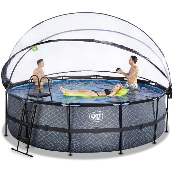 Piscine EXIT Stone ø488x122cm avec pompe filtrante à sable et dôme et pompe à chaleur - grise