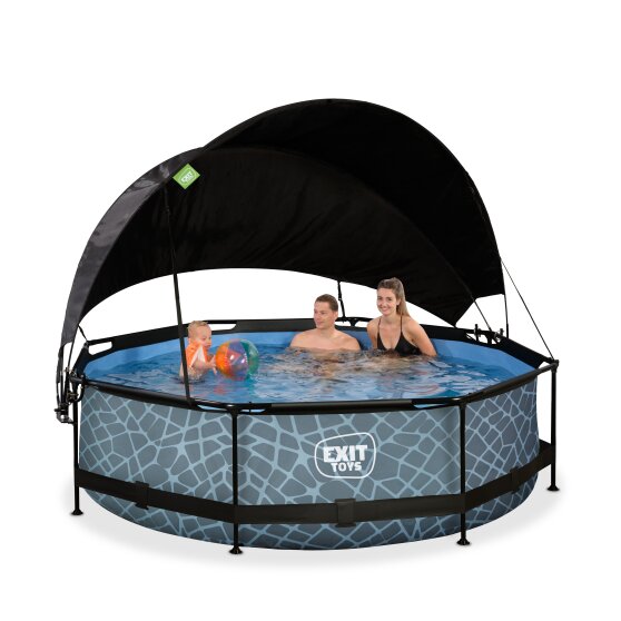 Piscine EXIT Stone ø300x76cm avec pompe filtrante et voile d'ombrage - grise