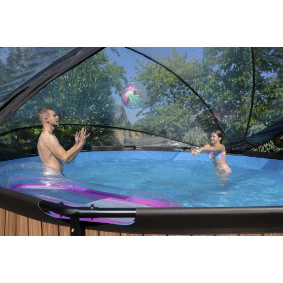 Piscine EXIT Wood &oslash;450x122cm avec pompe filtrante &agrave; sable et d&ocirc;me et pompe &agrave; chaleur - marron