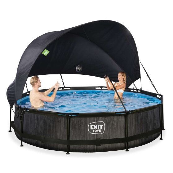 Piscine EXIT Black Wood &oslash;360x76cm avec pompe filtrante et voile d'ombrage - noir
