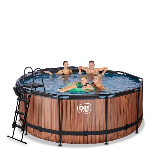 Piscine EXIT Wood ø360x122cm avec pompe filtrante à sable et dôme et pompe à chaleur - marron