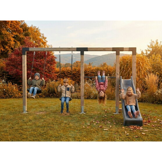 EXIT Linea Robust 110 Balan&ccedil;oire double en bois avec barre fixe et toboggan