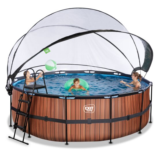 Piscine EXIT Wood ø427x122cm avec pompe filtrante à sable et dôme et pompe à chaleur - marron