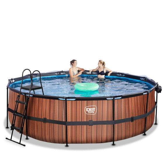 Piscine EXIT Wood &oslash;450x122cm avec pompe filtrante &agrave; sable et d&ocirc;me et pompe &agrave; chaleur - marron