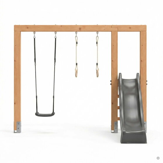 EXIT Linea Massiv 140 Balan&ccedil;oire en bois avec toboggan et anneaux de gymnastique