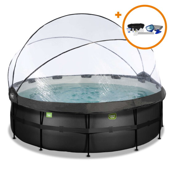 Piscine EXIT Black Leather &oslash;427x122cm avec pompe filtrante &agrave; sable et d&ocirc;me et kit d'accessoires - noir