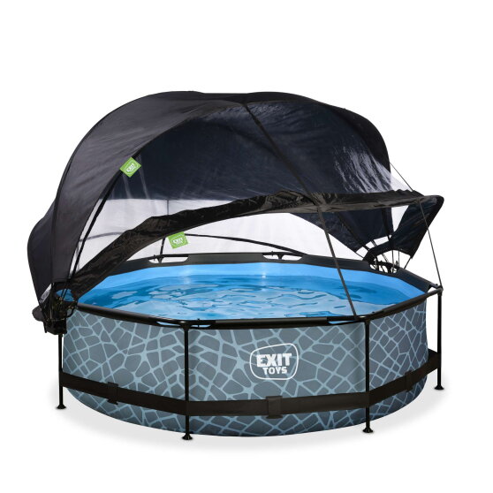 Piscine EXIT Stone &oslash;300x76cm avec pompe filtrante et d&ocirc;me et voile d'ombrage - grise