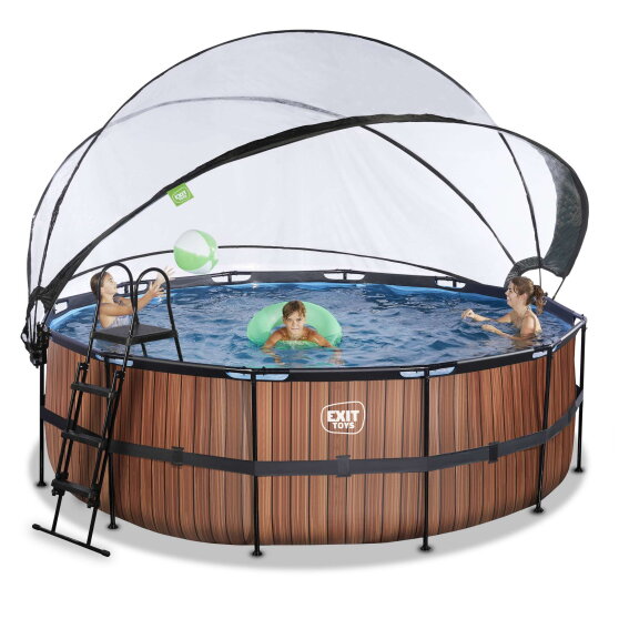 Piscine EXIT Wood ø427x122cm avec pompe filtrante à sable et dôme - marron