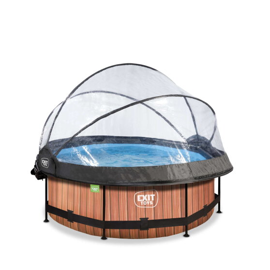 Piscine EXIT Wood &oslash;244x76cm avec pompe filtrante et d&ocirc;me et voile d'ombrage - marron