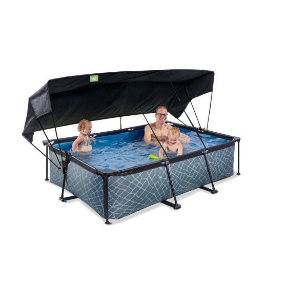 Piscine EXIT Stone 220x150x65cm avec pompe filtrante et voile d'ombrage - grise