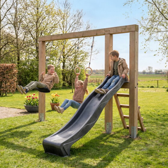 EXIT Linea Massiv 140 Balan&ccedil;oire en bois avec toboggan et anneaux de gymnastique