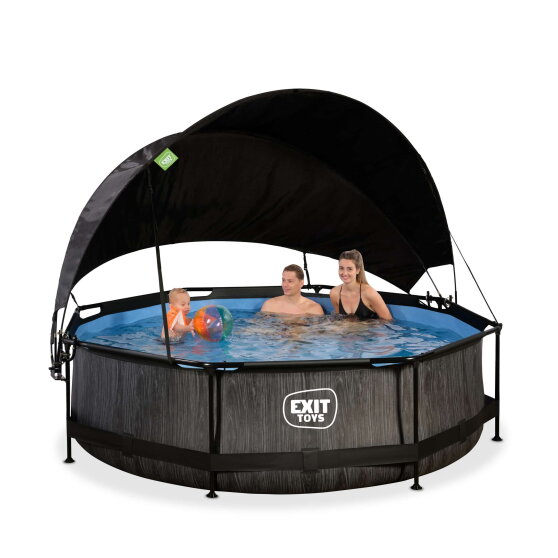 Piscine EXIT Black Wood &oslash;300x76cm avec pompe filtrante et voile d'ombrage - noir