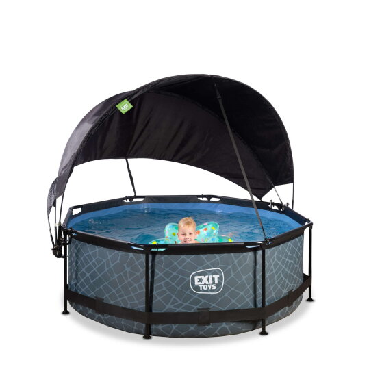 Piscine EXIT Stone ø244x76cm avec pompe filtrante et voile d'ombrage - grise