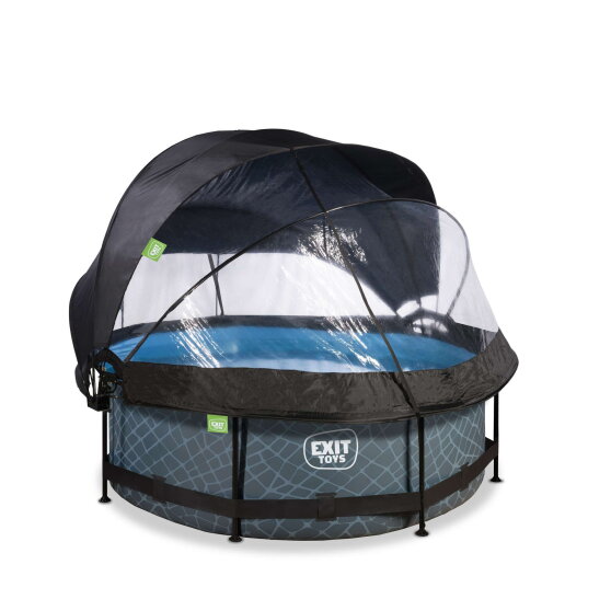Piscine EXIT Stone ø244x76cm avec pompe filtrante et dôme et voile d'ombrage - grise