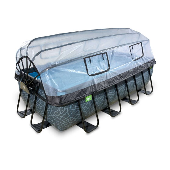 Piscine EXIT Stone 400x200x100cm avec pompe filtrante &agrave; sable et d&ocirc;me et pompe &agrave; chaleur - grise