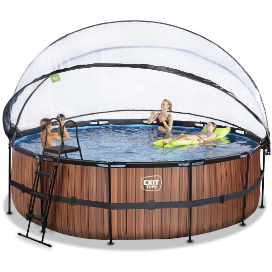 Piscine EXIT Wood &oslash;488x122cm avec pompe filtrante &agrave; sable et d&ocirc;me - marron