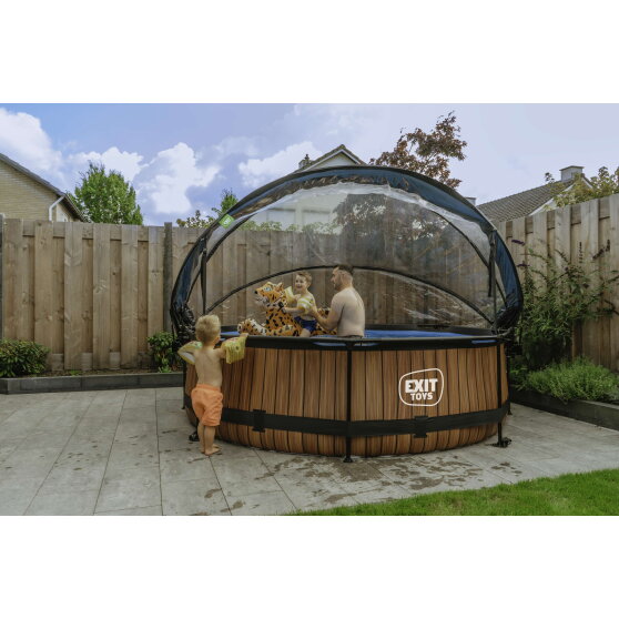 Piscine EXIT Wood ø300x76cm avec pompe filtrante et dôme - marron