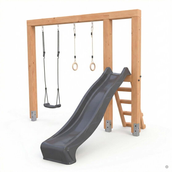 EXIT Linea Massiv 140 Balan&ccedil;oire en bois avec toboggan et anneaux de gymnastique