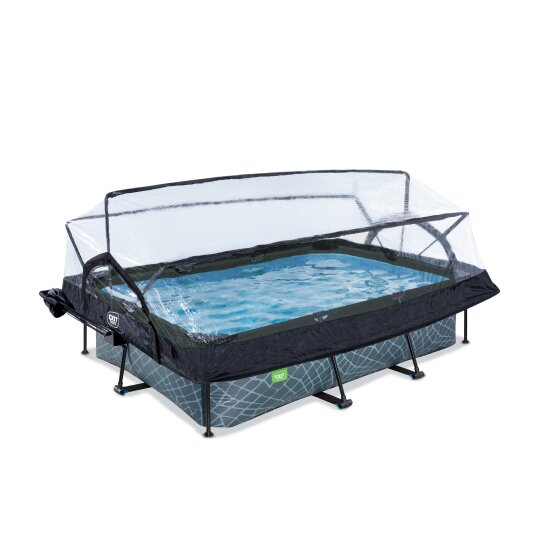 Piscine EXIT Stone 220x150x65cm avec pompe filtrante et dôme et voile d'ombrage - grise